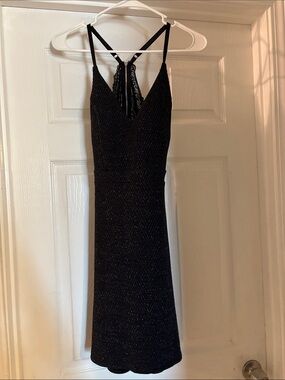 Black Sparkle V-Neck Lace Back Evening Dress